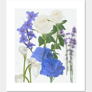 Blue and white flowers with water drop Posters and Art